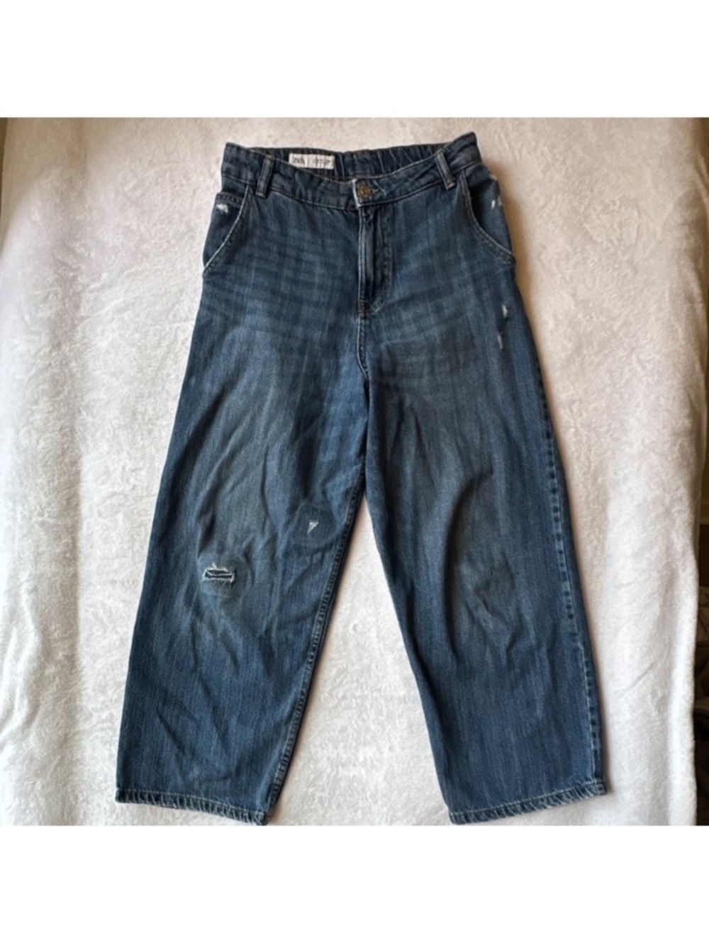 ZARA Girls Wide-Leg Barrel Distressed Blue Denim Jeans w/ Pockets Size 13-14